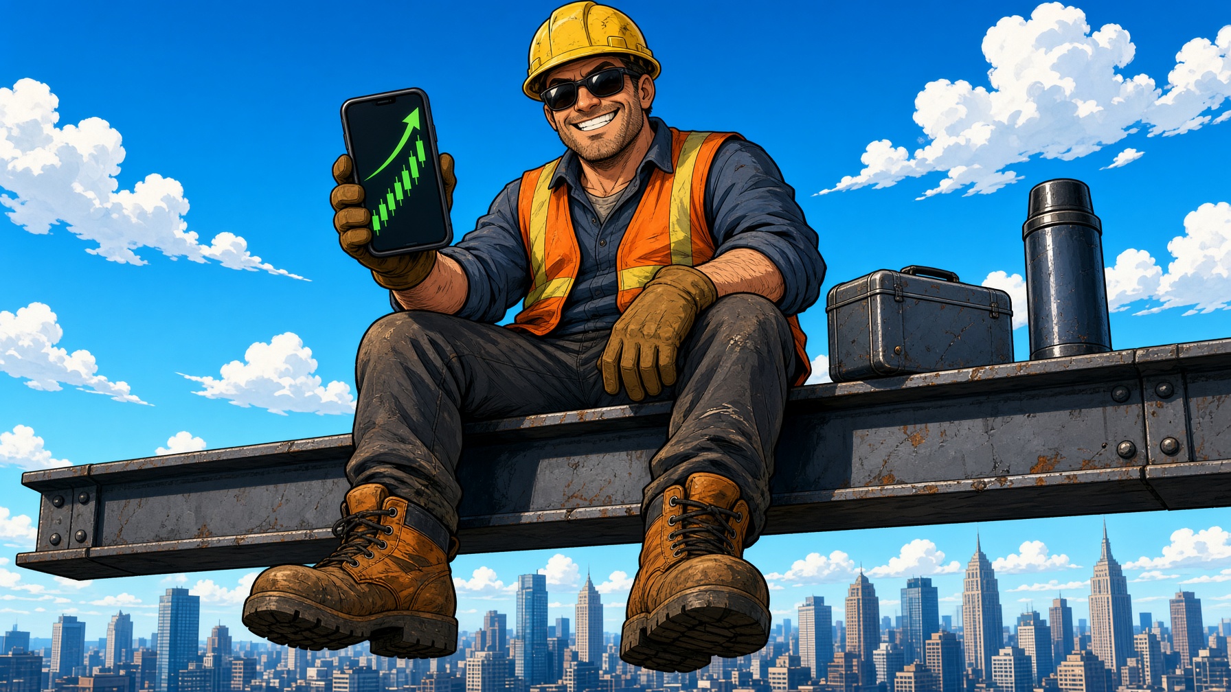An ironworker in a yellow hard hat sits on a steel beam high above the city, boots hanging, checking a green candle chart on his phone